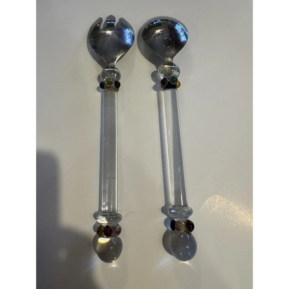 Silver Plated Salad Serving Set Fork and Spoon Molded Glass Handles